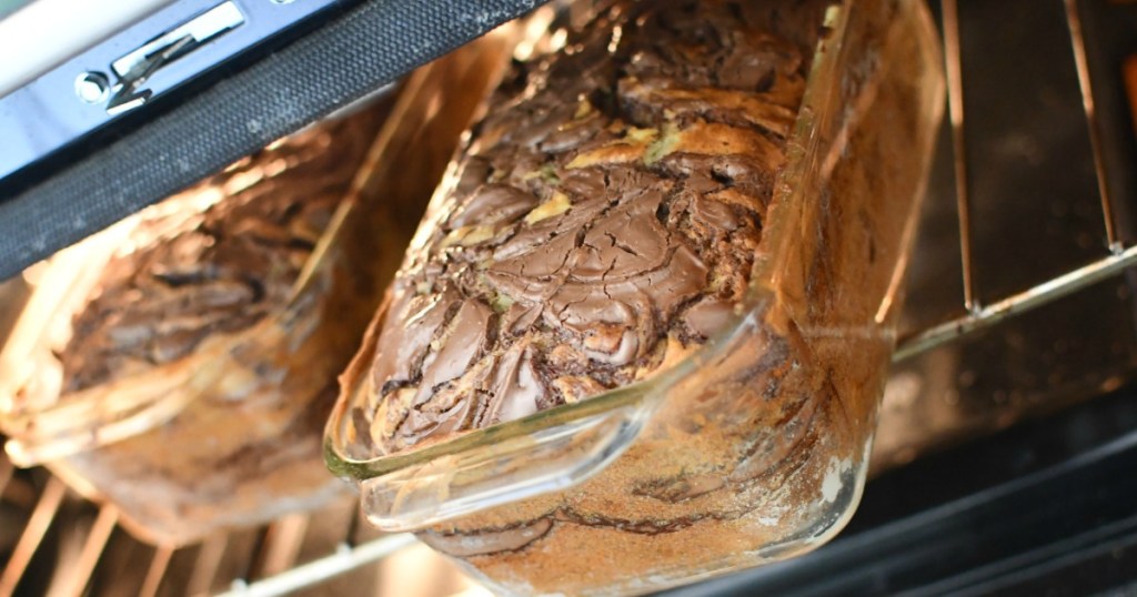 Nutella swirl banana bread loaves coming out of oven