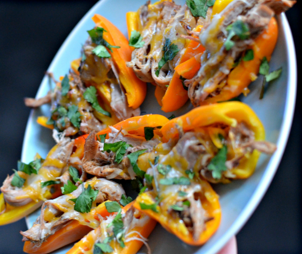 low-carb carnitas nachos in the slow cooker plated and ready for serving
