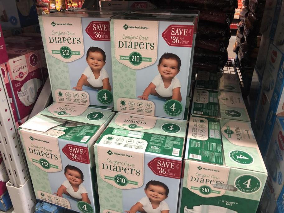 Member's Mark diapers boxes stacked on store shelf