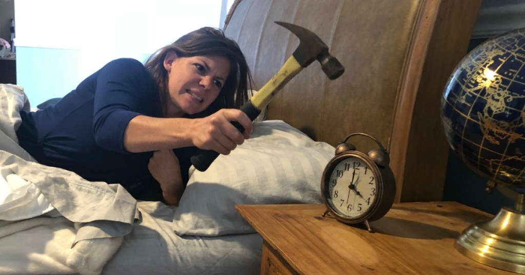 Erica is not a fan of her alarm clock 