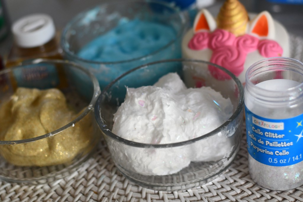 unicorn slime split into smaller bowls 