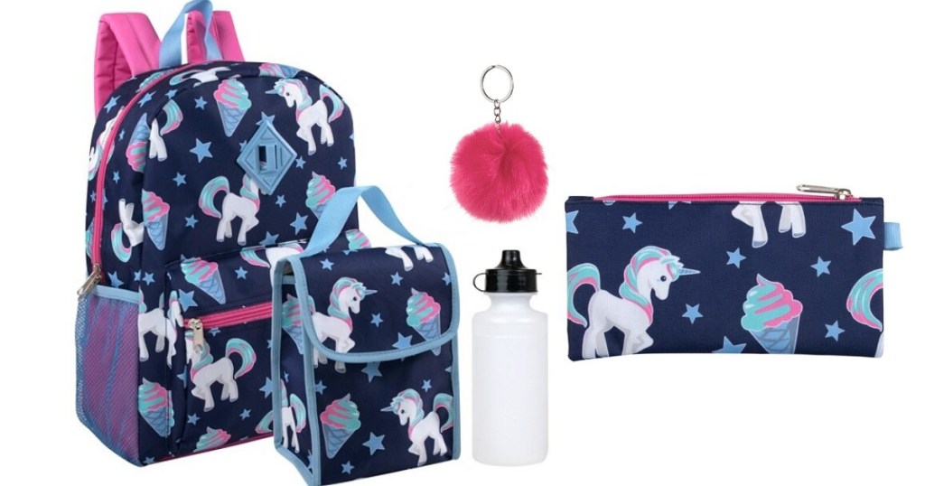 Navy blue backpack with unicorns on it with a lunch sack, water bottle and pencil holder