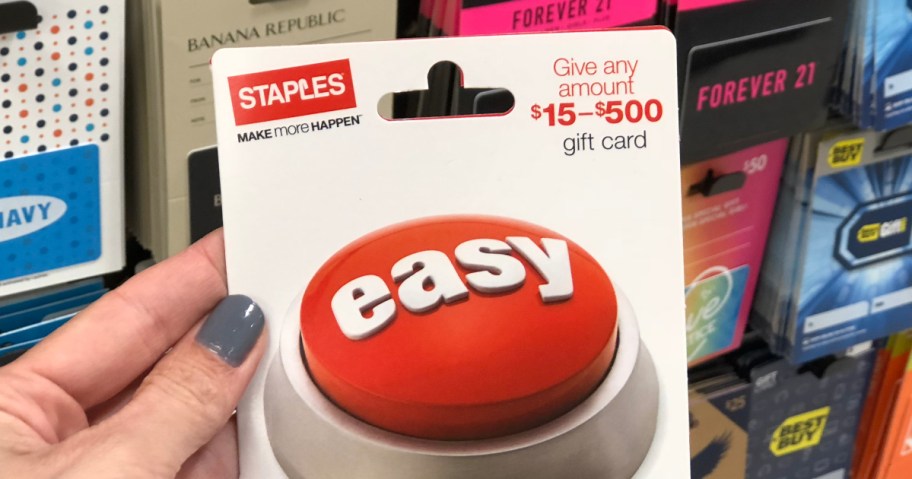 Staples easy button gift card in hand in store