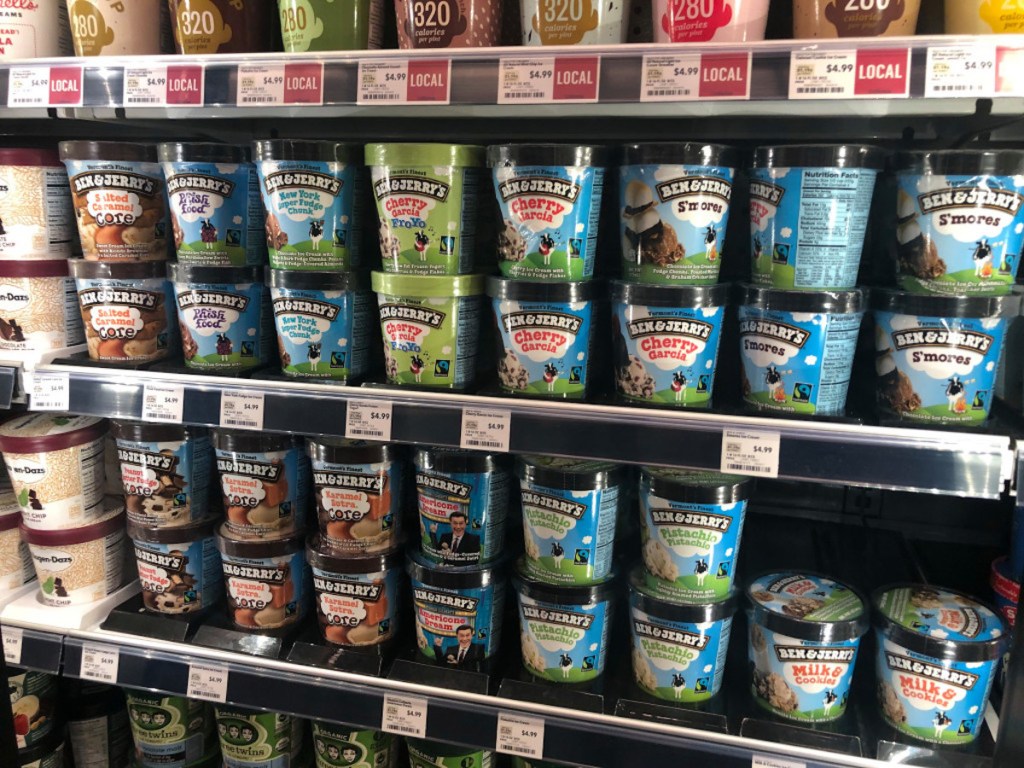 Ben & Jerrys freezer shelf at Whole Foods