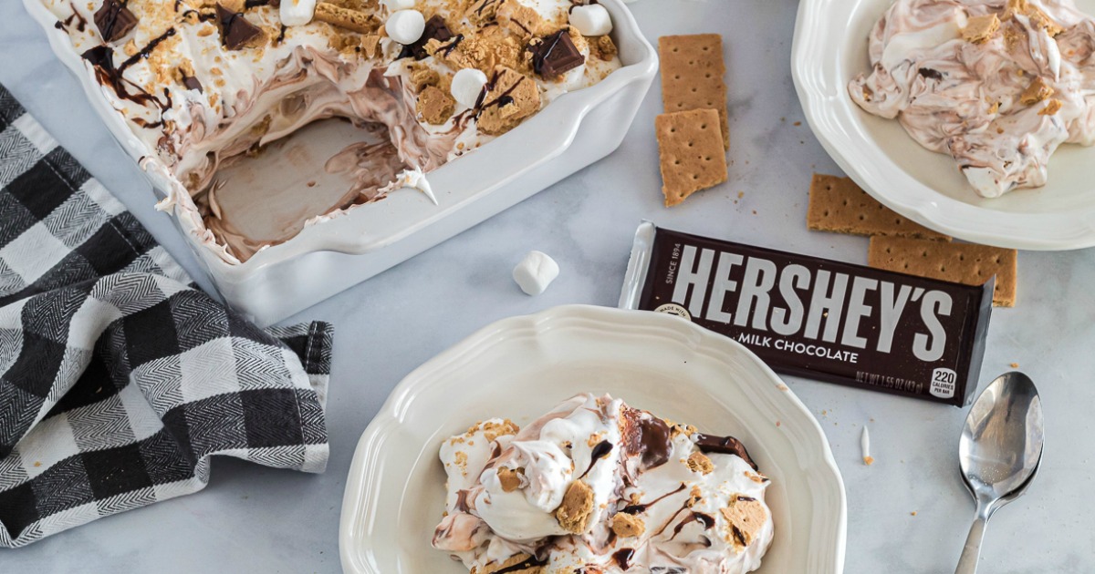 Casserole dish and bowl filled with No-Bake S'mores Lasagna
