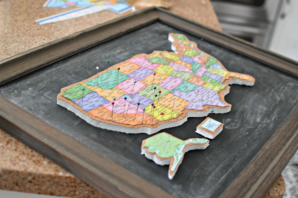 framed cork board map