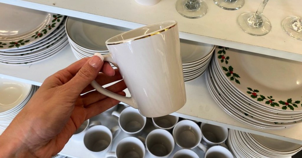 Gold-Rimmed White Stoneware Mugs, 12-oz