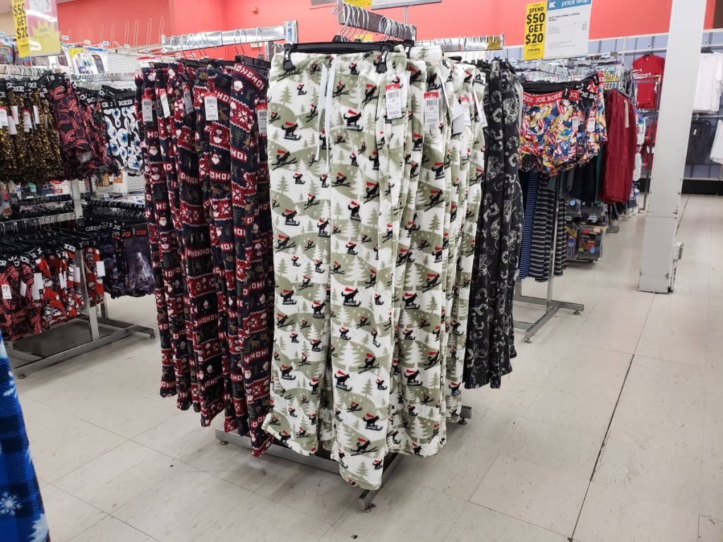 Fleece PJ Pants hanging on a rack at kmart