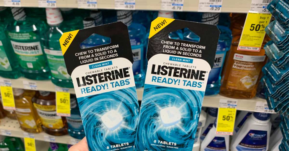 Listerine Ready Tabs in front of shelf 