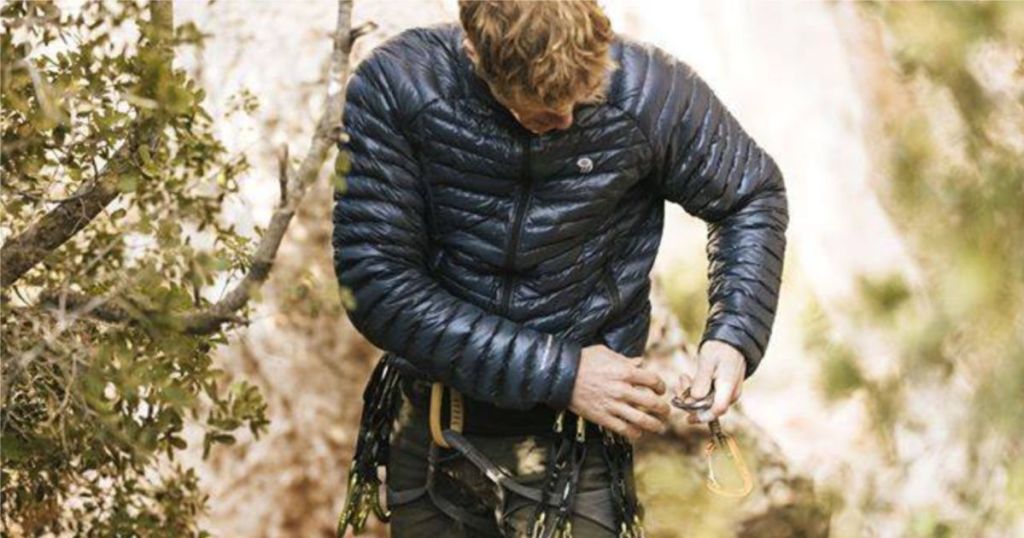 man wearing black mountain hardwear Derra Jacket outdoors
