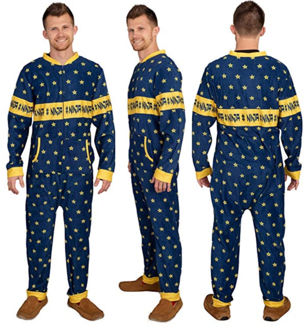 man wearing Ninja Video Game Streamer Shurikens Pajama Union Suit