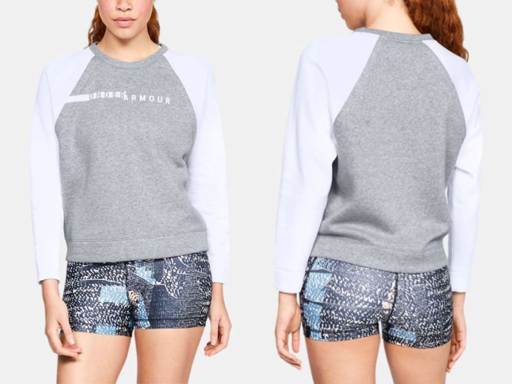 woman wearing grey and white UA Rival Fleece Crew