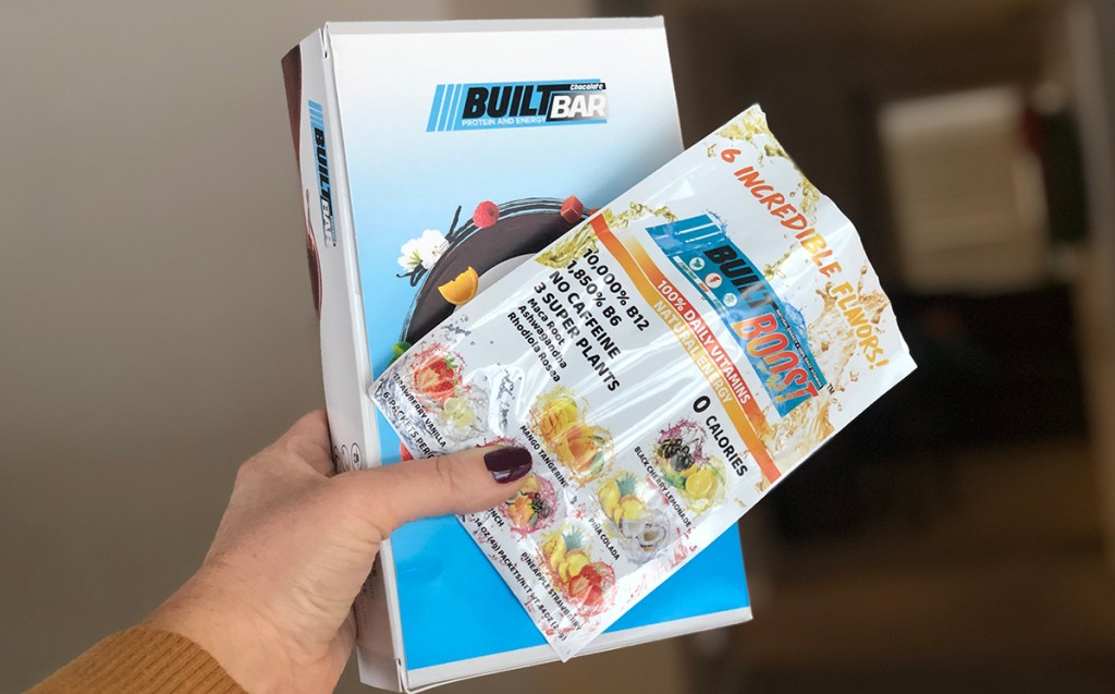Built Bar sample box with Boost drink mix samples