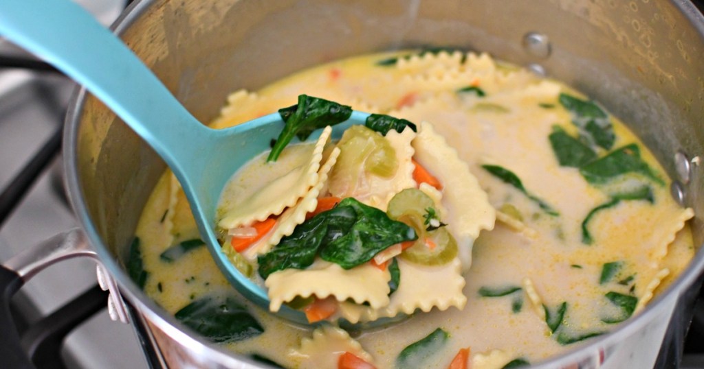 pot of creamy ravioli on the stove
