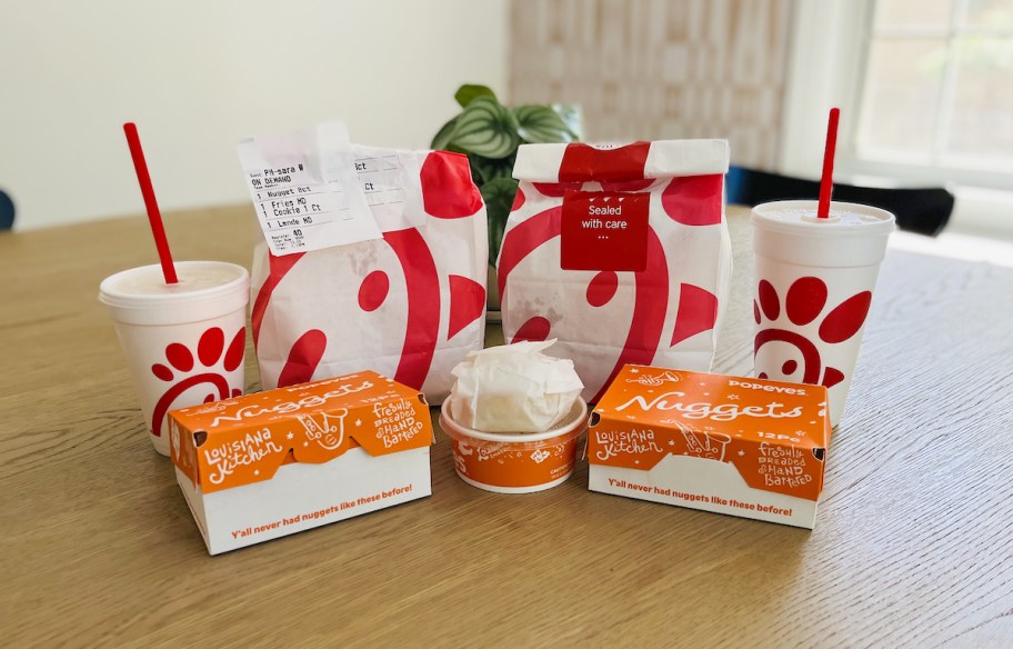 chick fil a and popeyes on table