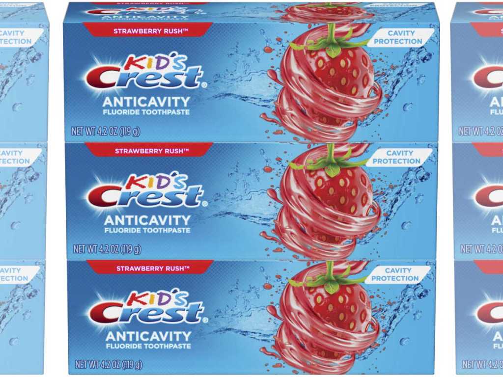 three pack Crest Kid's Cavity Protection Fluoride Toothpaste in Strawberry Rush
