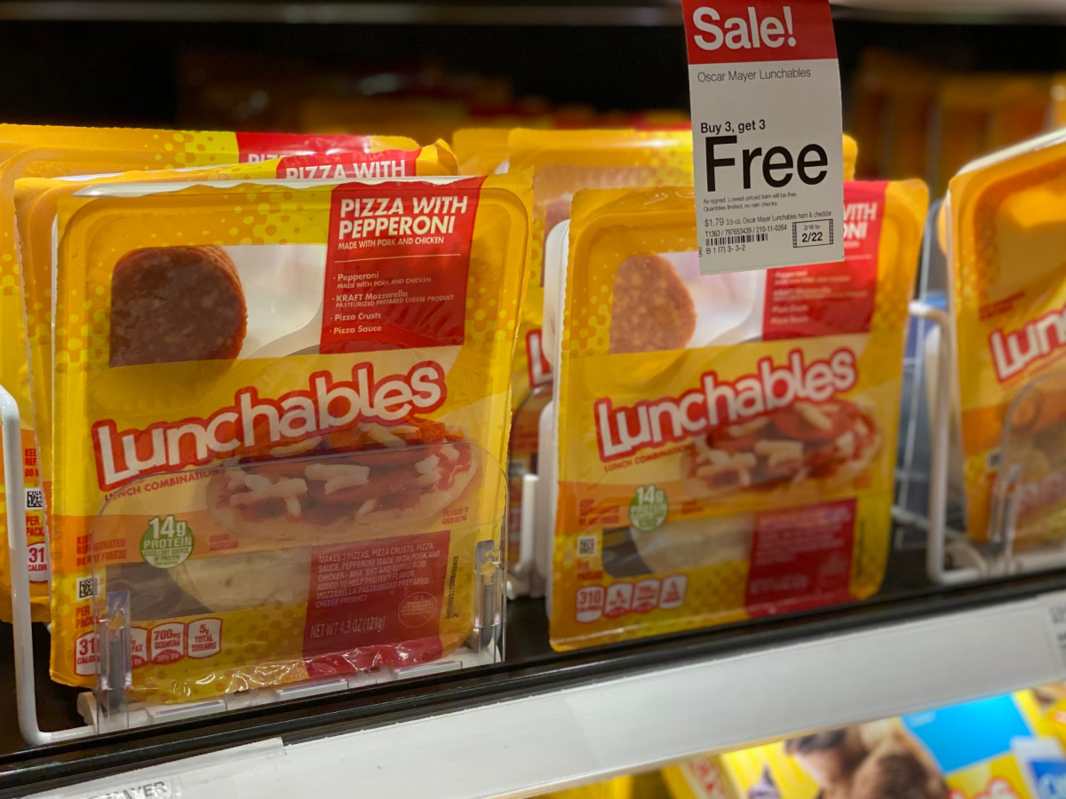 lunchables on shelf at target with buy 3 get 3 sign