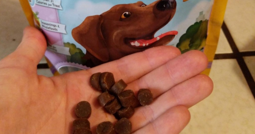 Zuke's mini treats in hand with bag in background