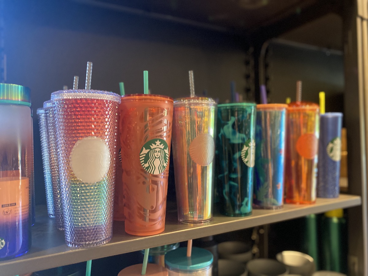 Shelf with multiple of the new summer starbucks cups