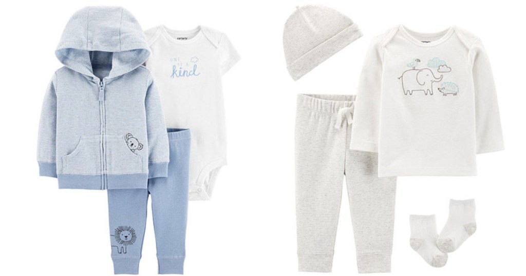 2 carter's baby clothing sets sitting side by side