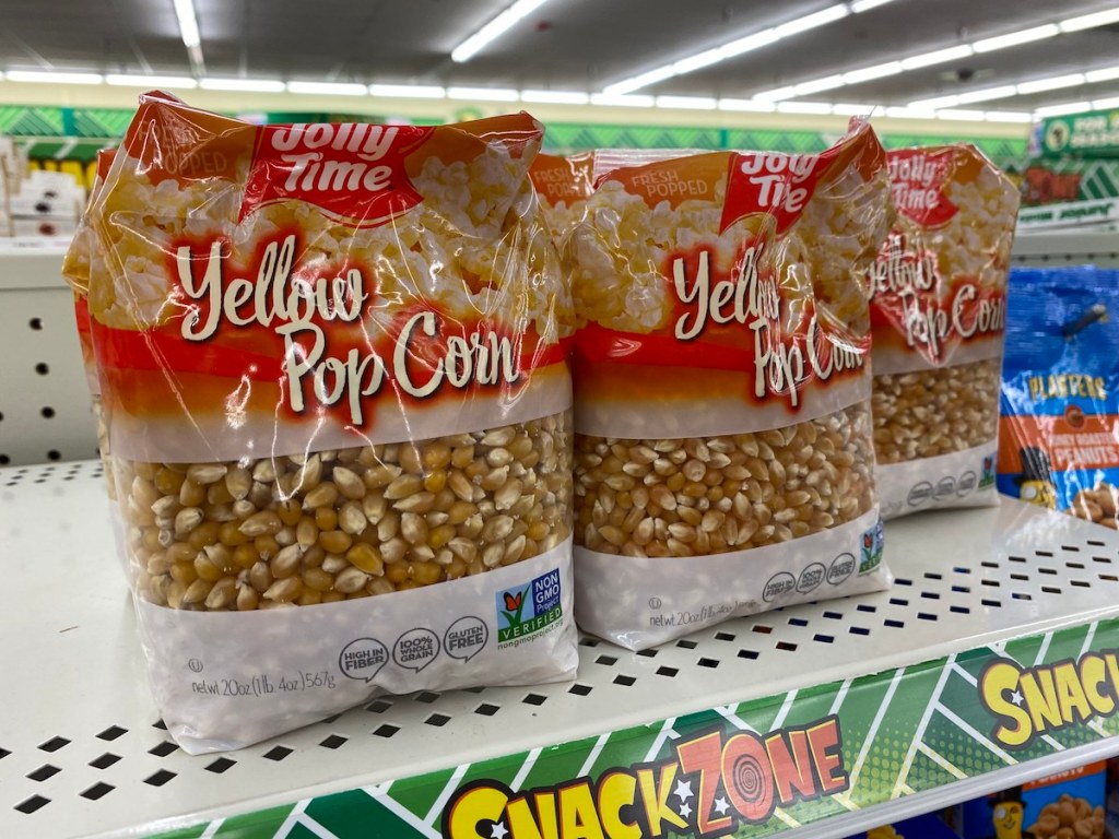 shelf with Jolly Time Pop Corn Kernels 20 oz