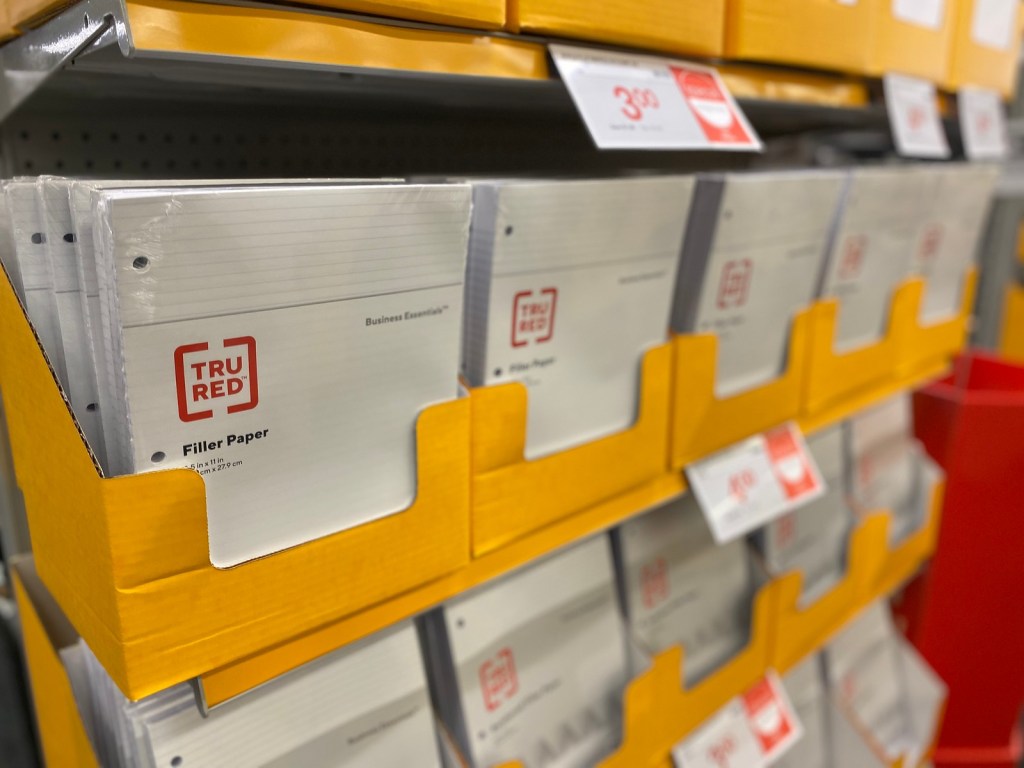 Tru Red Filler Paper in display bins at Staples