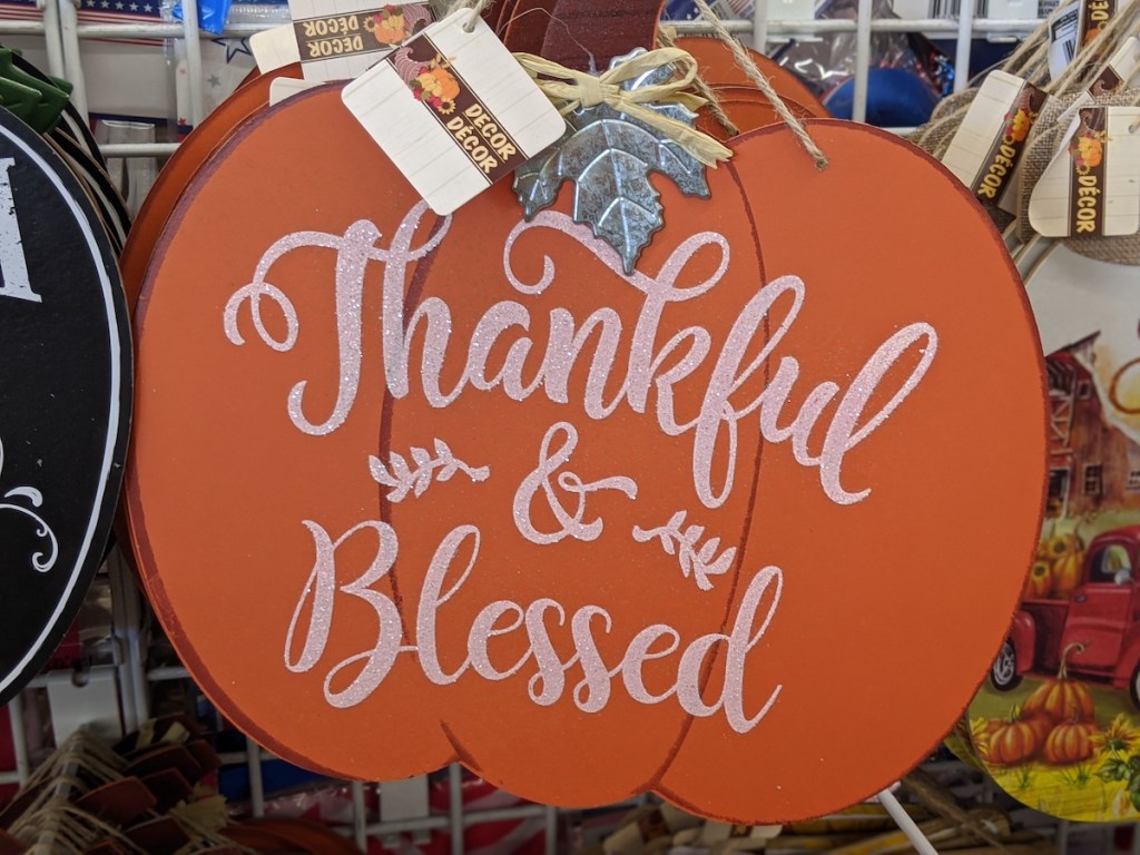 pumpkin sign saying "thankful and blessed" in dollar tree