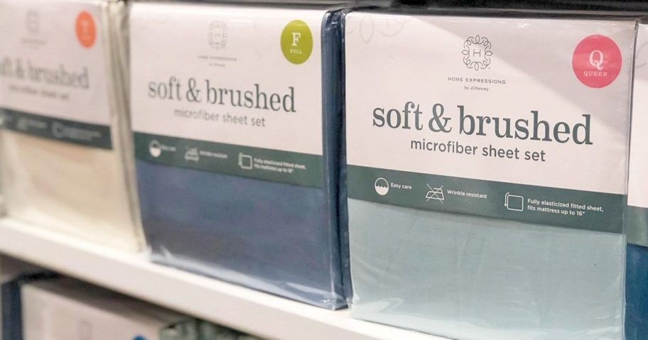 shelf of Home Expressions microfiber sheet sets on JCPenney shelf
