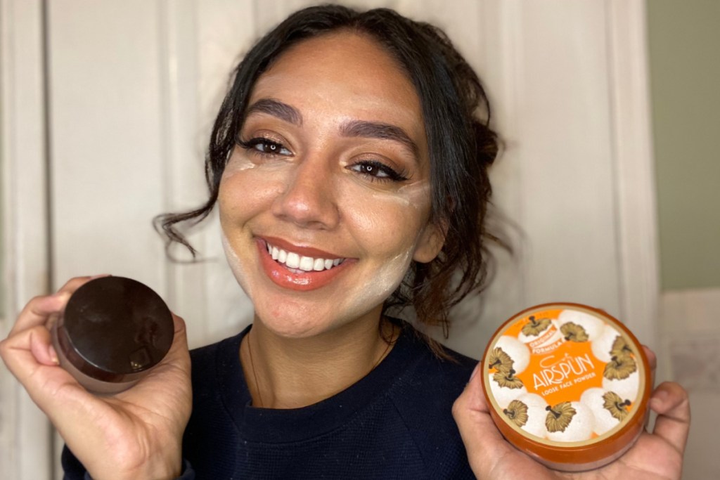 woman baking with translucent powder