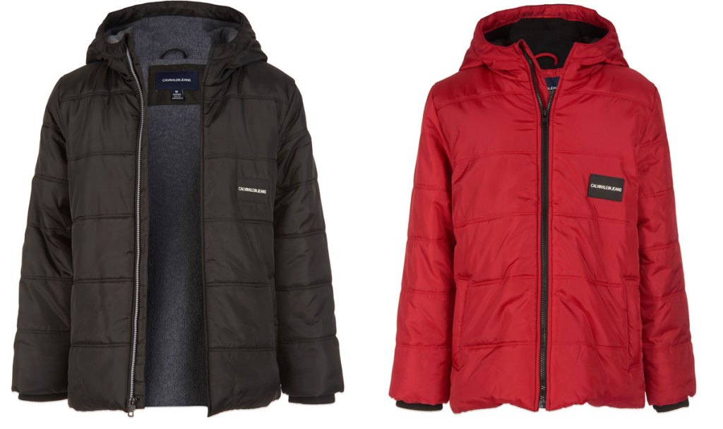 two calvin klein jackets in black and red colors