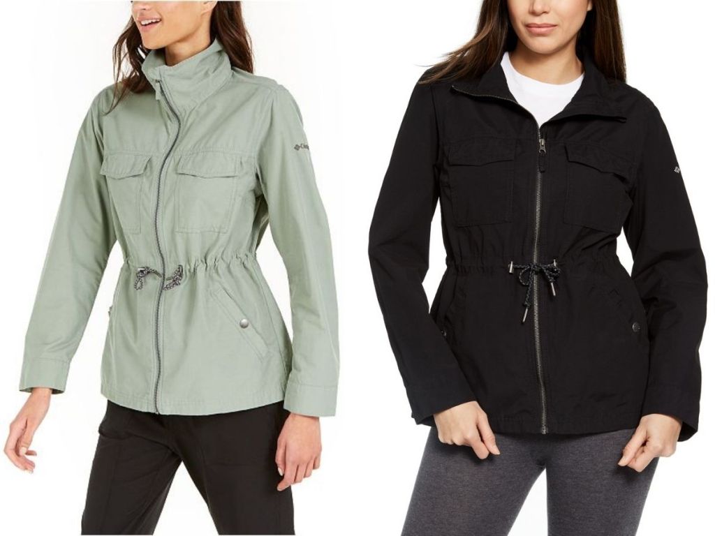 two women wearing light green and black columbia jacket