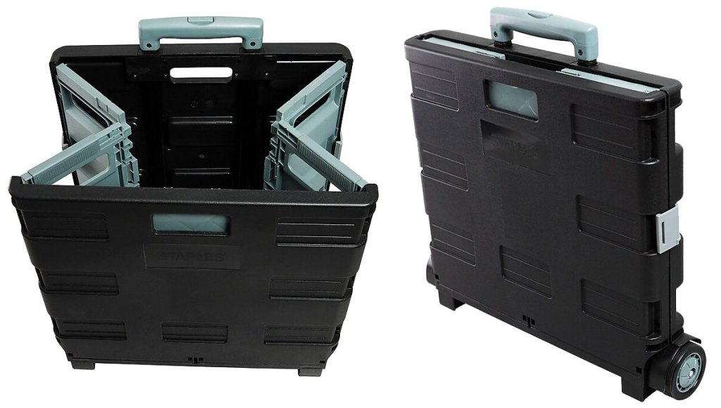 two views of a black and grey wheeled cart collapsing down for storage
