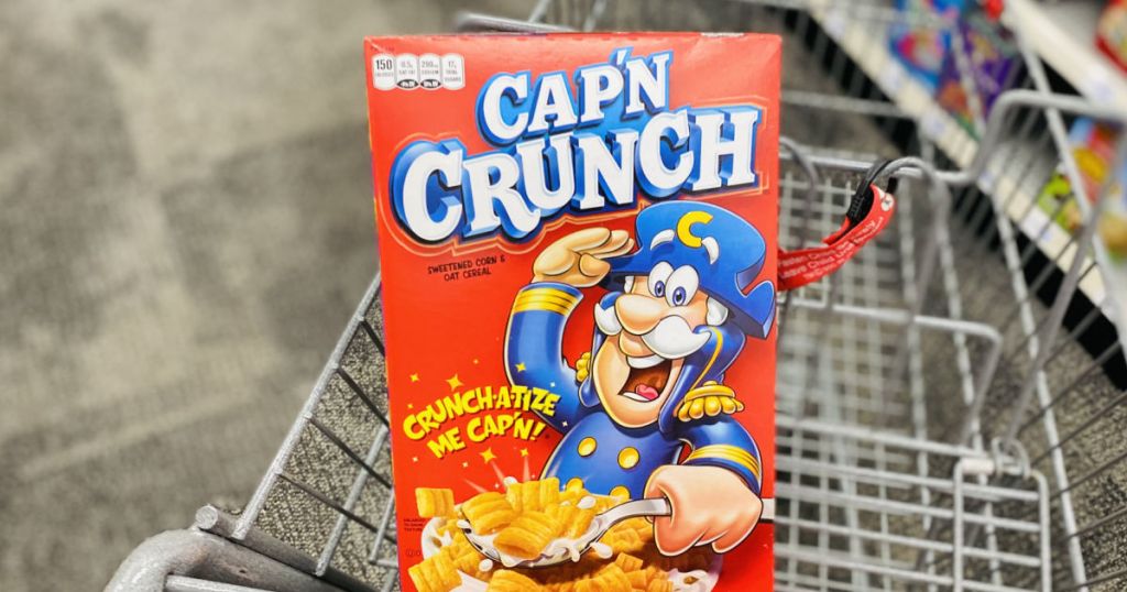 orange cereal box in cart 