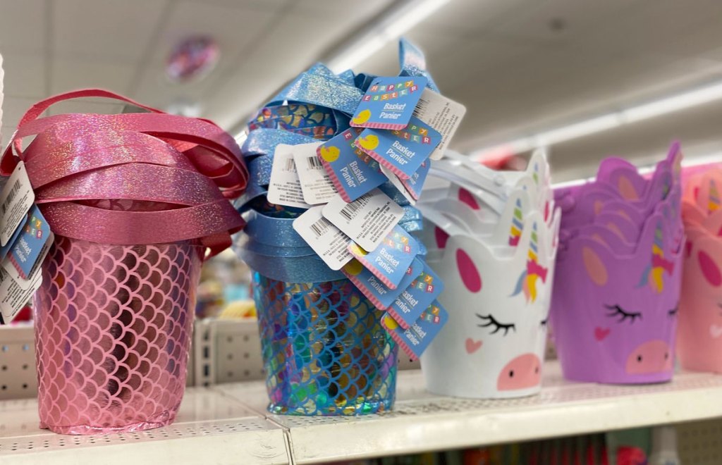 mermaid and unicorn themed easter baskets on shelf at dollar tree