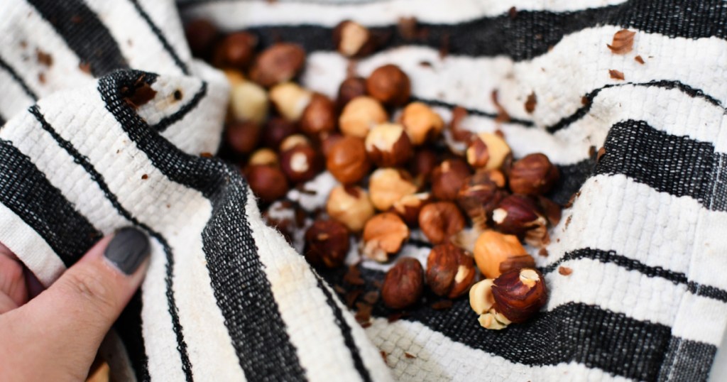 kitchen towel with roasted hazelnuts