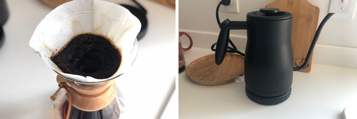 chemex pour over coffee maker and kettle on counter