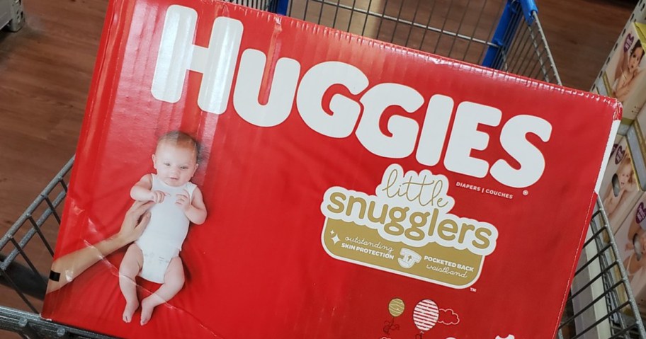 Huggies Little Snugglers box of diapers sitting on shopping cart