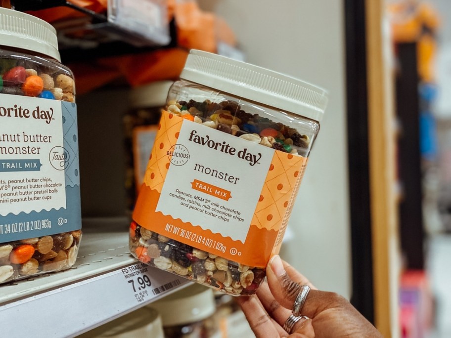 hand holding favorite day monster trail mix in store