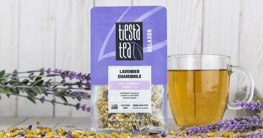 Tiesta Tea Lavender Chamomile bag on counter with a cup of tea