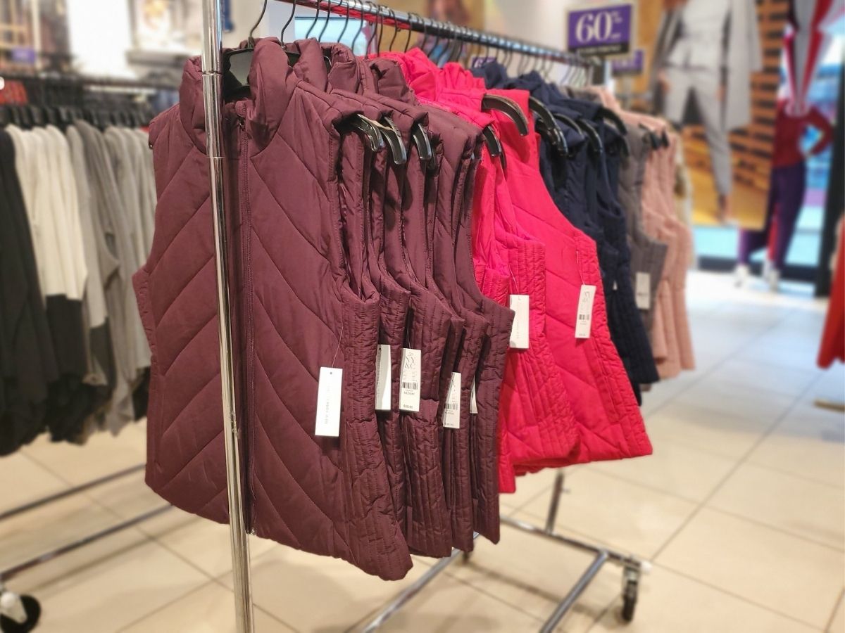 rack of womens puffer vests