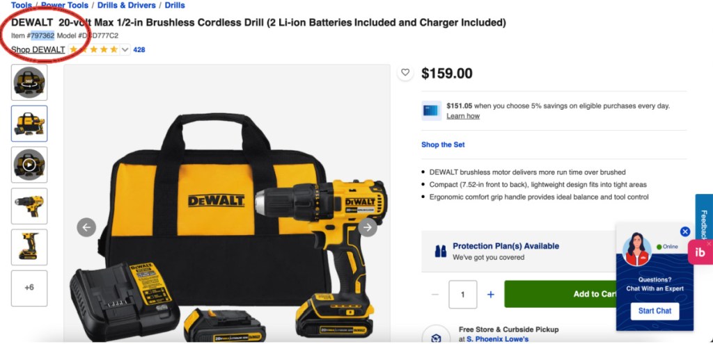 drill screenshot on lowes.com
