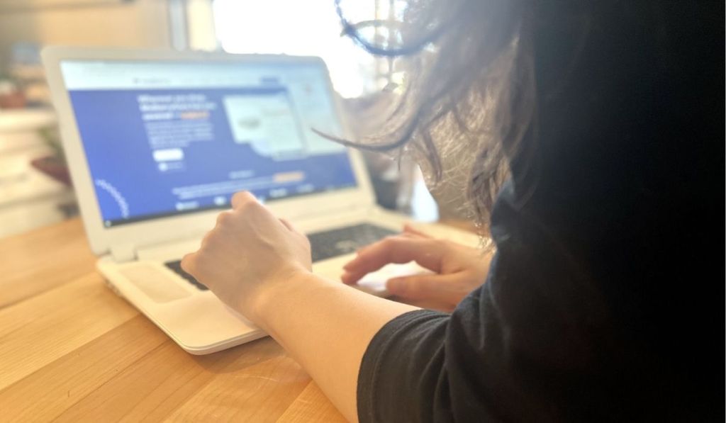 woman typing on computer with Mulberry extension on screen