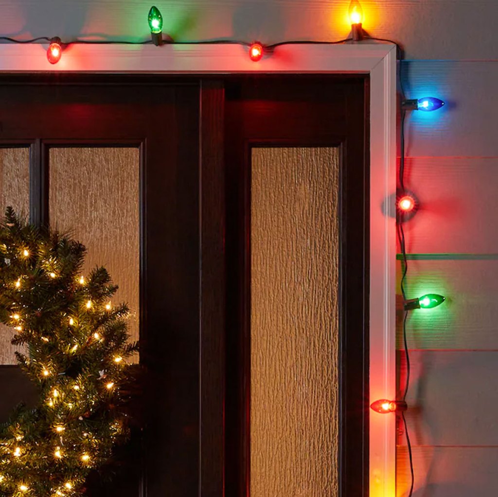 colorful lights around front door