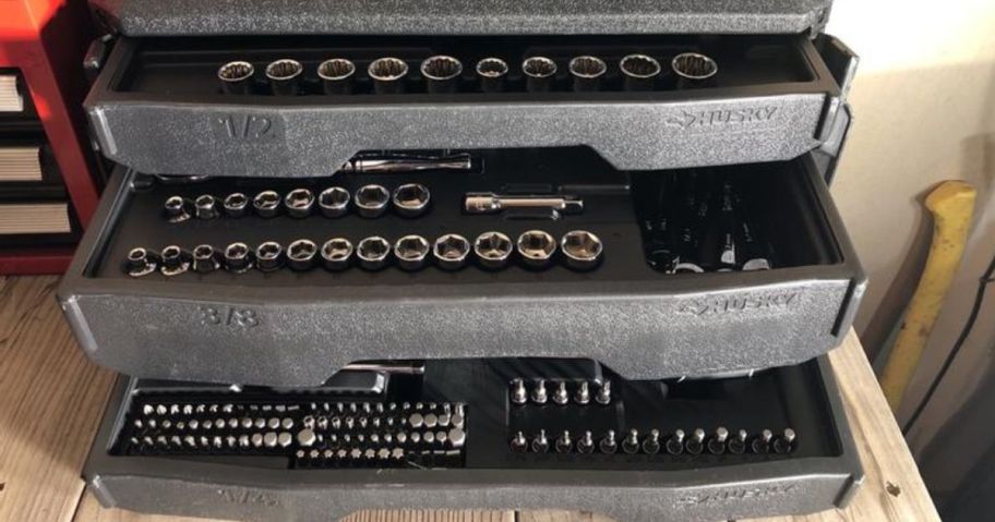 Husky Mechanics Tool Set with the drawers partially open showing the tools inside