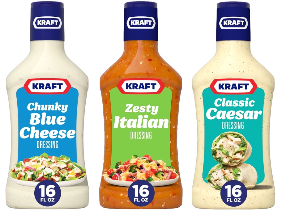 bottle of blue cheese, Italian, and caesar salad dressings