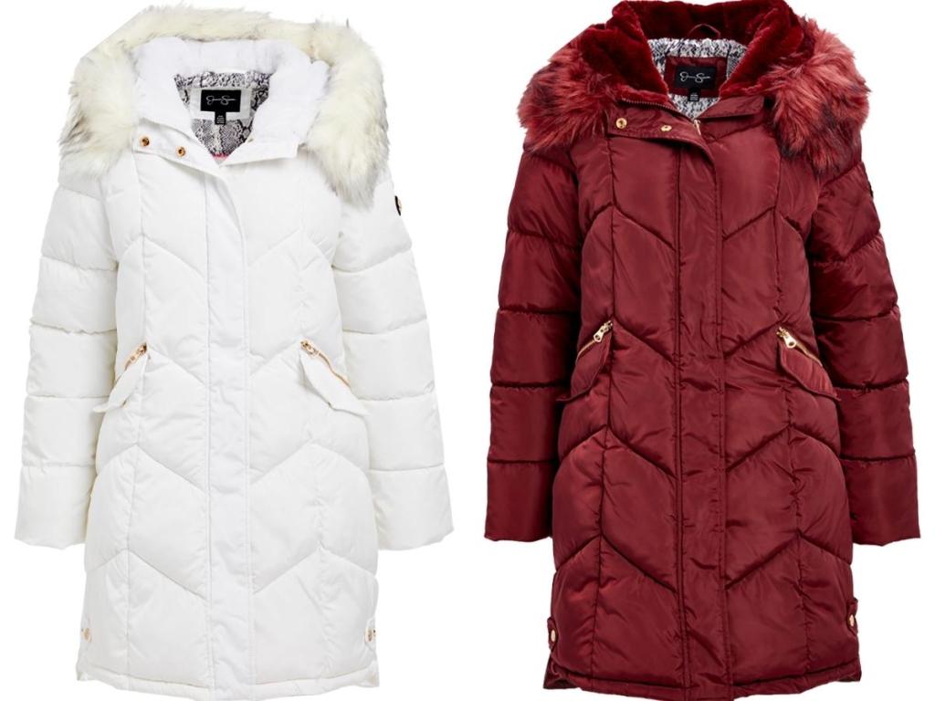 Jessica Simpson White and Merlot Faux-Fur Trimmed Hooded Puffer Parka