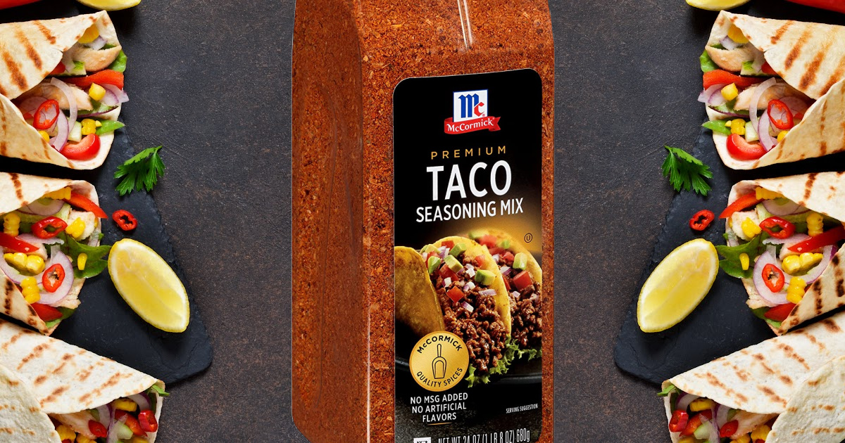 large bottle of taco seasoning and soft shell tacos