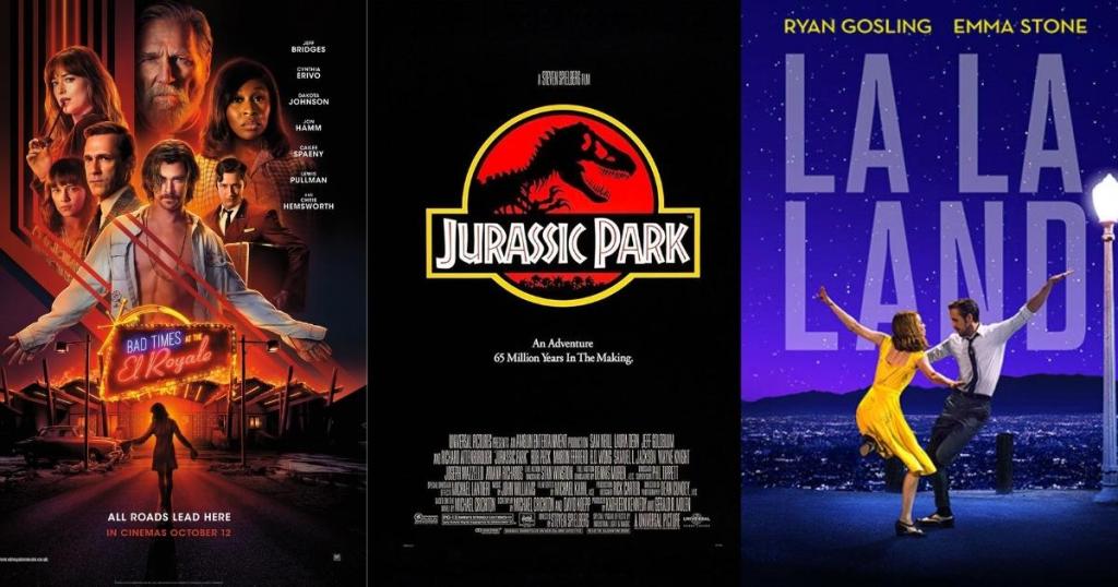 movie posters for bad times at the el royale, jurassic park, and la la land