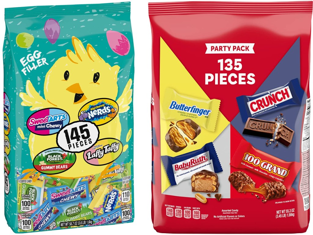 Two large bags of easter candy, one with an assortment of Sweetarts, Laffy Taffy and Nerds and the other with Butterfinger, Crunch, 100 Grans and Baby Ruth.