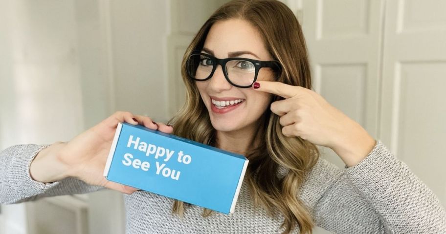 woman pointing to glasses